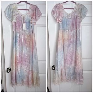 Loveshackfancy Madeline silk rainbow pastel tie dye dress L